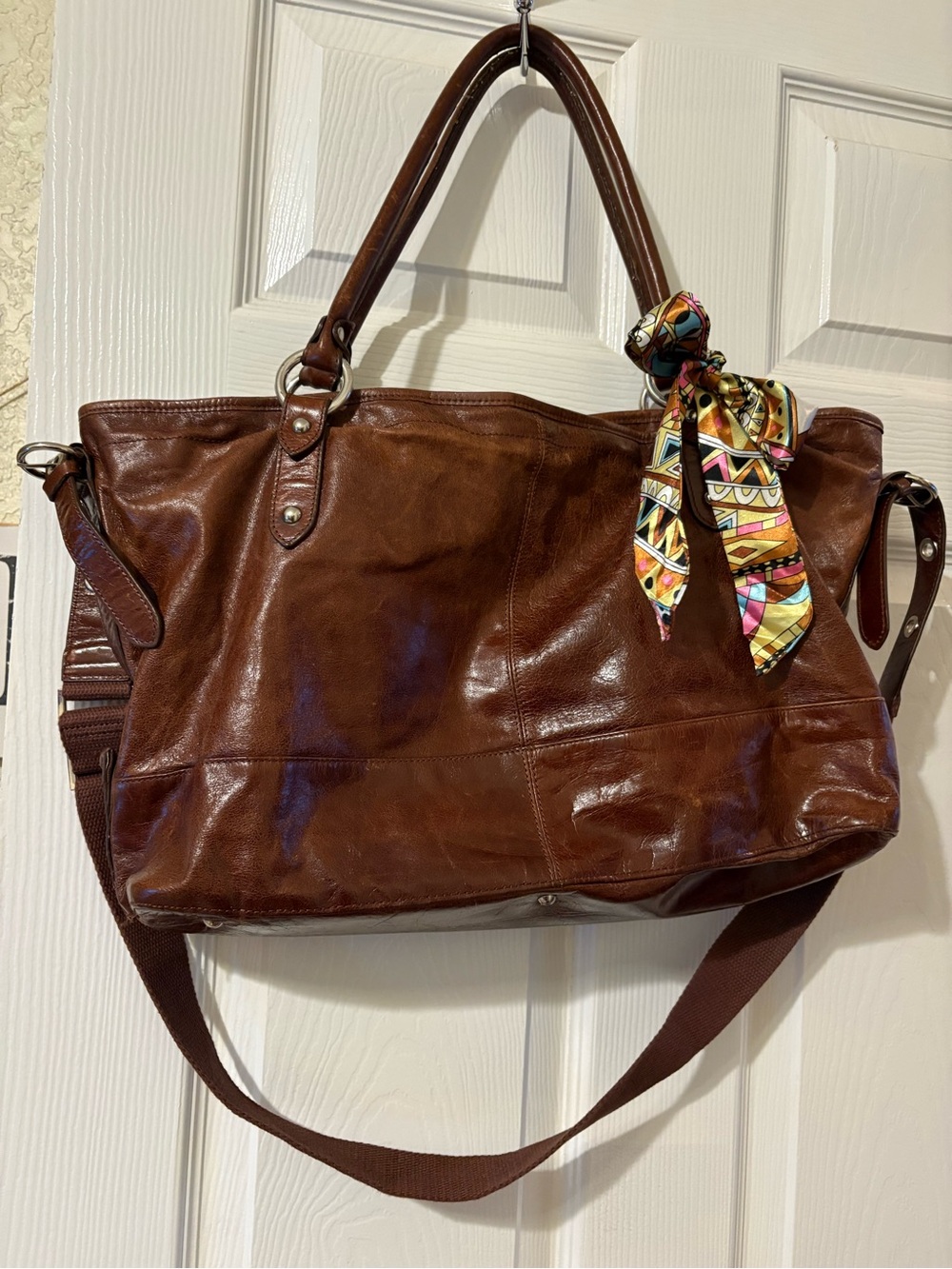Chestnut Brown Leather Tote with Colorful Scarf Accent